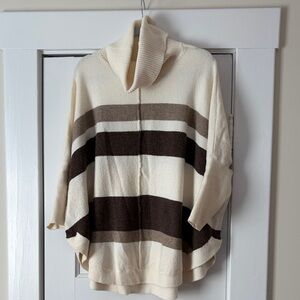 Loft Striped Cream and Brown Poncho Sweater